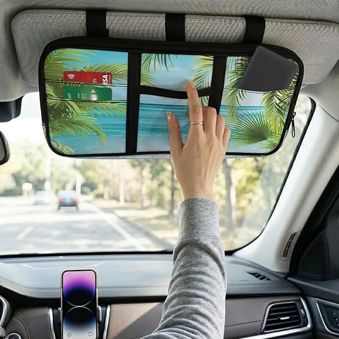 Palm Tree Beach Car Sun Visor Organizer with Multi-Pocket Car Sun Visor Storage Bag Easy to Store and Install Universal Fit for Most Cars SUV