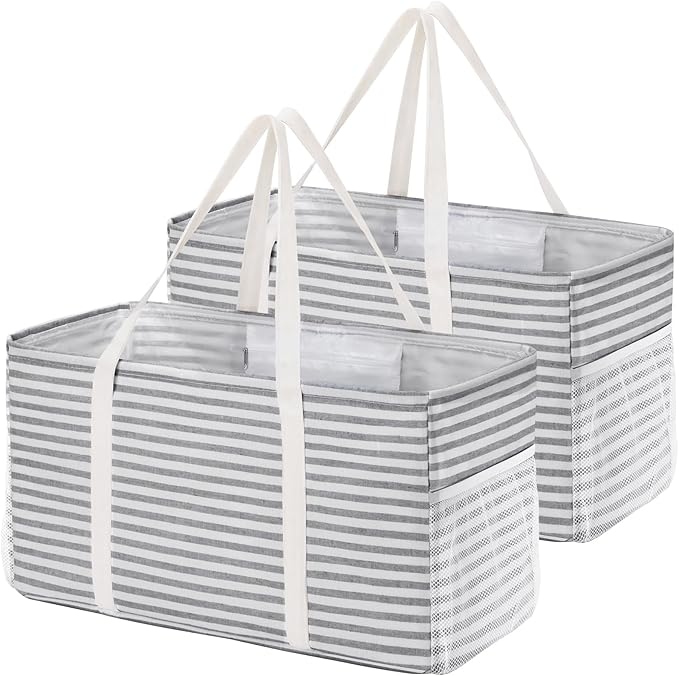 Lifewit Extra Large Tote Bag, Reusable Grocery Bags with Metal Wire Frame and Handles, Standing Utility Foldable Shopping Bags for Storage, Picnics, Beach, Laundry, Car, 46L, 2 Pack, Gray