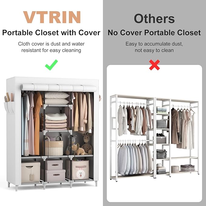 VTRIN Portable Closet Wardrobe for Hanging Clothes with 2 Hanging Rods and 8 Storage Organizer Shelves,Sturdy Large Wardrobe 