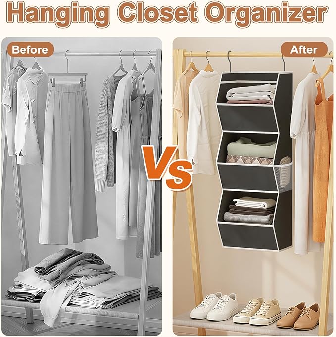 Hanging Closet Organizer 3 Shelf Collapsible Bedroom Closet Organizers and Storage Hanging with Mesh Pocket for Clothes, Clos