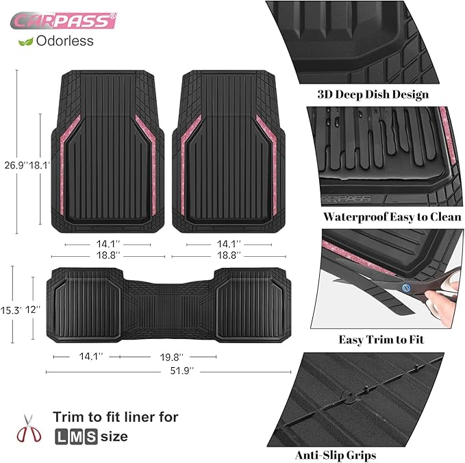 CAR PASS Pink Heavy Duty Rubber Floor Mats for Car, Waterproof Liner Deep Dish Bling Car Mats Full Sets, Universal Trim to Fit for SUV Truck Sedans Vans, All Weather Floor Mats, Pink Sparkly