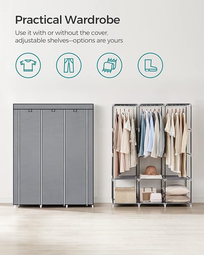 SONGMICS Portable Closet, Wardrobe Closet Organizer with Cover, 3 Hanging Rods and Shelves, 4 Side Pockets, 51.2 x 17.7 x 65.