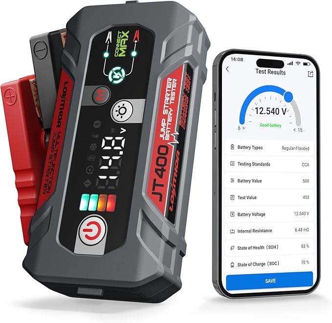 LOKITHOR JT400 2500A Portable Jump Starter with Battery Tester, 12V Car Battery Jump Starter for Up to 8.5L Gas or