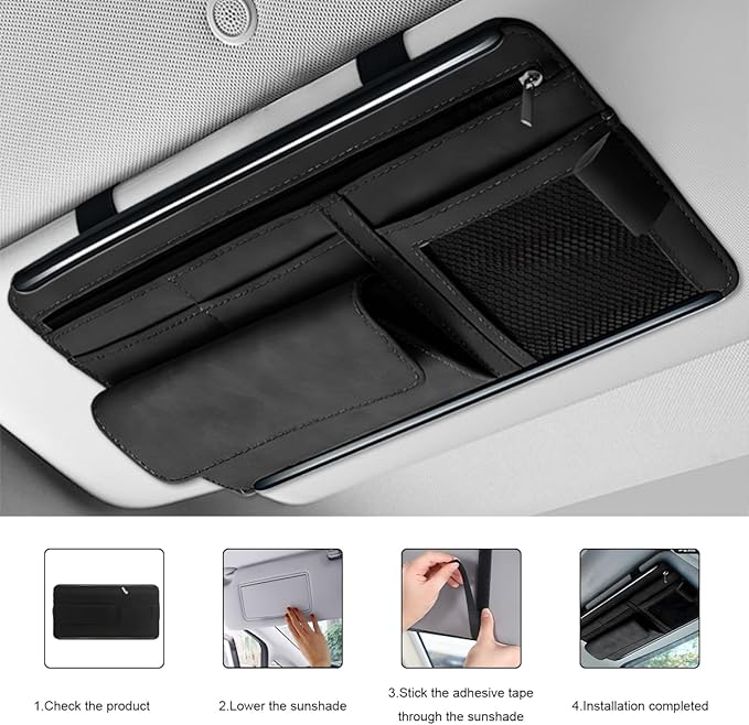 Car Sun Visor Organizer, Soft Leather Auto Sunshade Glasses Storage Bag with Multi-Pocket Net Zipper, Scratch-Resistant Vehicle Visor Pocket Eyeglasses Case Note Holder (Black)