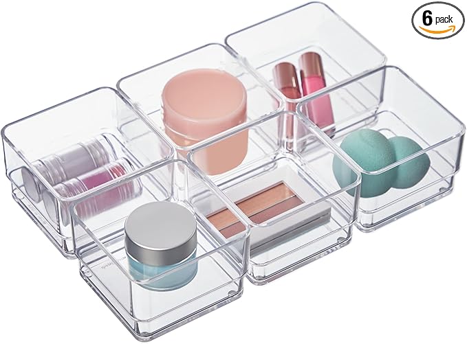 STORi SimpleSort 6-Piece Stackable Clear Drawer Organizer Set | 3" x 3" x 2" Square Trays | Small Makeup Vanity Storage Bins 