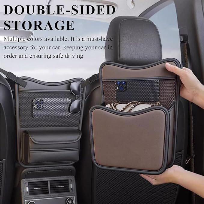 Car Organizer Storage Between Seats, Leather Large Capacity Automobile Handbag Hanging Store Content Bag, Auto Console Organizer Holder for Snack Phone Document Storages, Car Accessories (Brown)