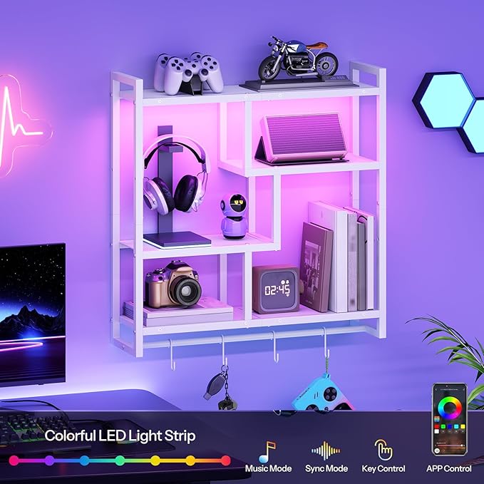 HOOBRO Gaming Floating Shelves with LED Lights, 28.7" LED Wall Mounted Shelf, 4-Tier Floating Wall Shelf for Storage, Display