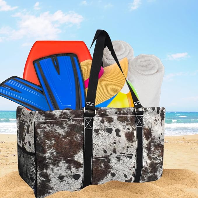 NGIL Extra Large Utility Tote Reusable Grocery Bag Oversized Collapsible for Groceries, Storage, Picnic, Beach (Modern Cow Print-Black)