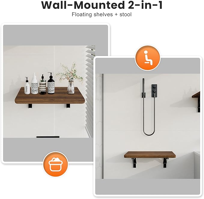 Foldable Walnut Floating Wall Shelves 16 inch, Bathroom Shelves Wall Mounted,12" Deep Wood Floating Kitchen shelves,Easy to I