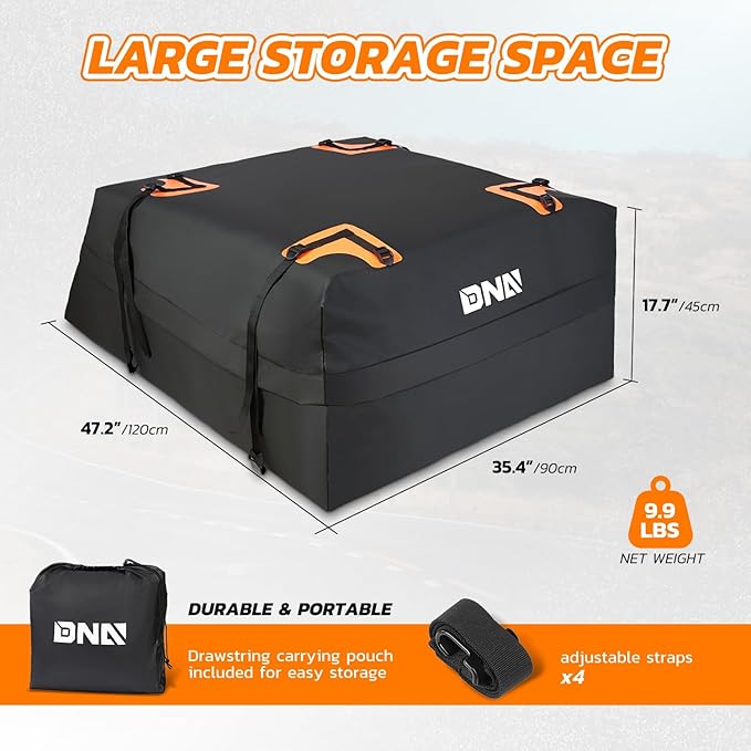 DNA Motoring Car Rooftop Waterproof Bag, 17 Cubic Feet Waterproof Car Roof Luggage Bag, Heavy Duty Car Roof Cargo Carrier Bag, Car Roof Bag, w/ 4 Reinforced Straps, TOOLS-00422