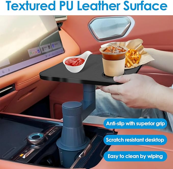 Car Tray& Car Desk for Laptop,Dual 360° Rotating,Anti Slip Leather Surface, Food Tray, Cup Holder Table Compatible with Tesla Model Y/3/S, Ford F150/Explorer/Maverick/Home Theater Seating (Black)