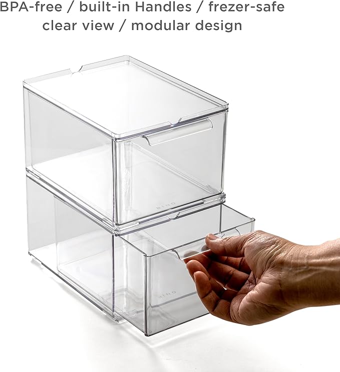 BINO | Clear Stackable Storage Drawers, Medium - 2 Pack | Clear Storage Drawers with Built-In Handles | Durable Plastic Organ