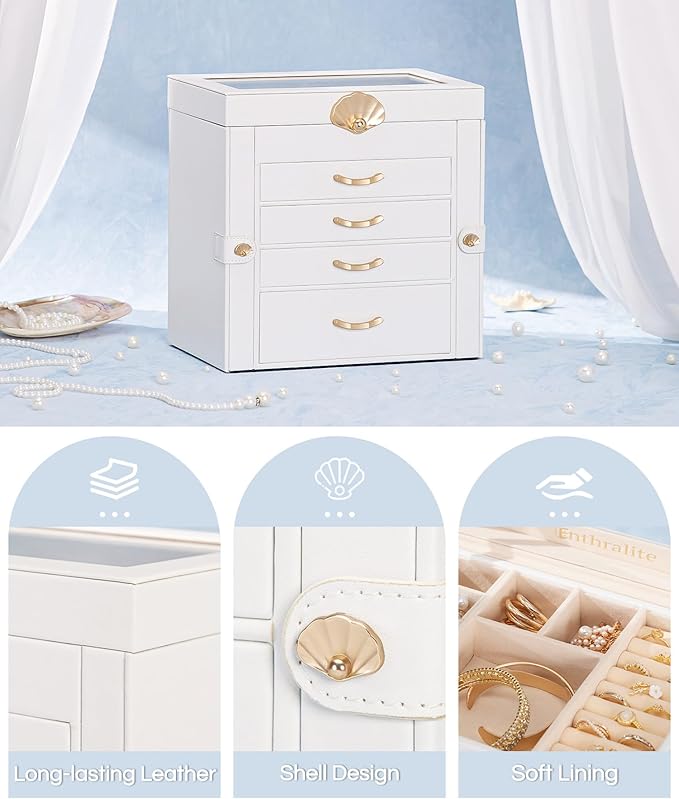 Enthralite Jewelry Box with 4 Drawers: Display Organizer for Earrings Necklaces - Christmas Gifts for Girls Women (White)