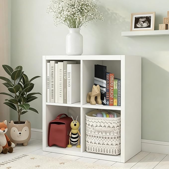 CTESNE【2026 Wooden Thick Frame 4 Cube Storage Organizer Shelf with Anti-Tipping Kits + Reversible Open Back Bookcase, Horizon