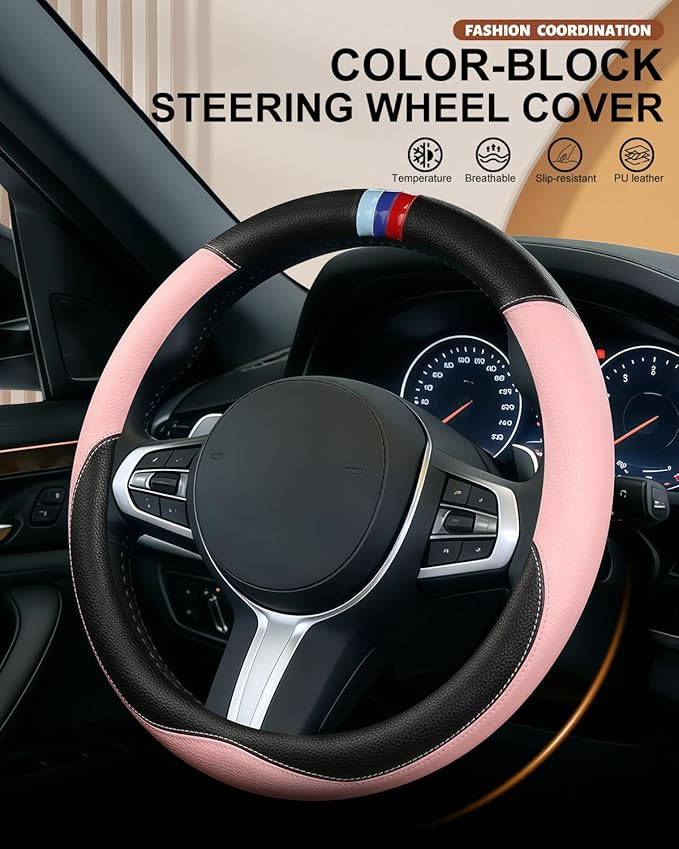 Customized Auto Car Steering Wheel Cover for BMW X1 X2 X3 X4 X5 X6 X7 i3 i4 i5 i8 535i 740Li 335i M3 M4 M5 Z1 Z3 Z4 Z5 (Pink)
