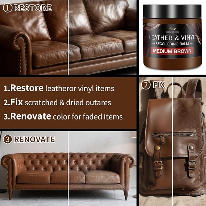 Leather Recoloring Balm and Scratch Repair Kit, Medium Brown Leather Restorer for Couches, Furniture, Car Seats, Leather Pain