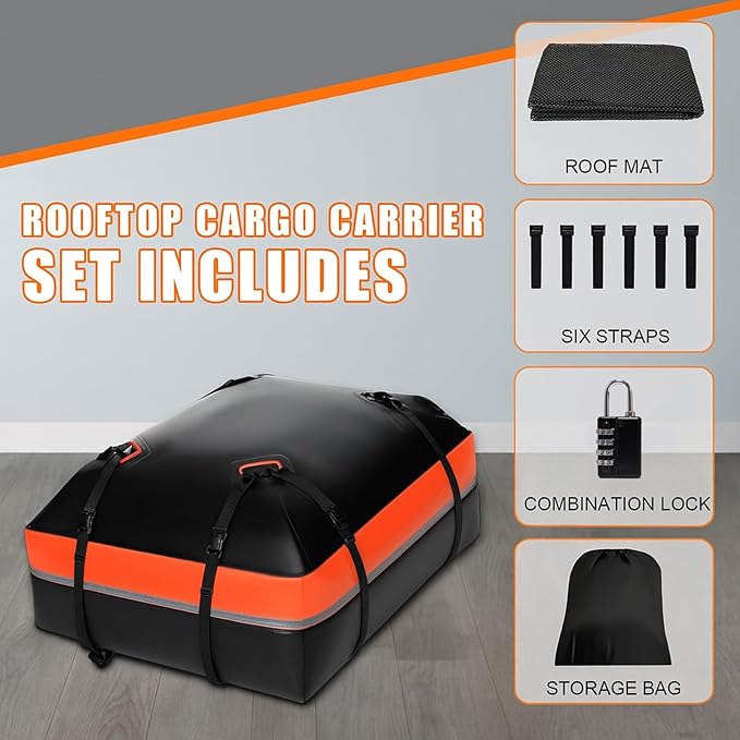 Car Roof Bag Rooftop Cargo Carrier Bag 15 Cubic Feet Waterproof for All Cars with/Without Rack, Includes Anti-Slip Mat, 8 Reinforced Straps, 6 Door Hooks, Storage Bag, Luggage Lock by MCCKLE