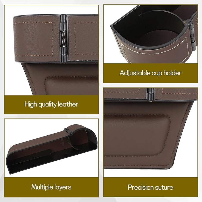 Car Seat Gap Filler Organizer, Multifunctional Car Seat Organizer with Adjustable Cup Holder, Leather Car Seat Gap Storage Box for Holding Phones, Coins, Cards, Keys, Pens (Brown)