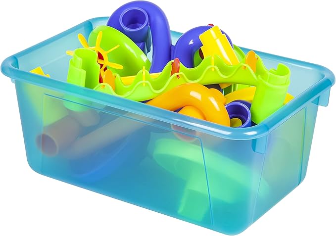 Storex Small Cubby Bins – Plastic Storage Containers for Classroom with Non-Snap Lid, 12.2 x 7.8 x 5.1 inches, Tint Teal, 5-P