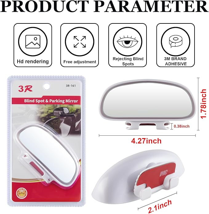 LivTee Clip on Blind Spot Mirror, HD Glass Frameless Convex Rear View Mirrors Exterior Accessories with Wide Angle Adjustable Stick for Car SUV and Trucks, White