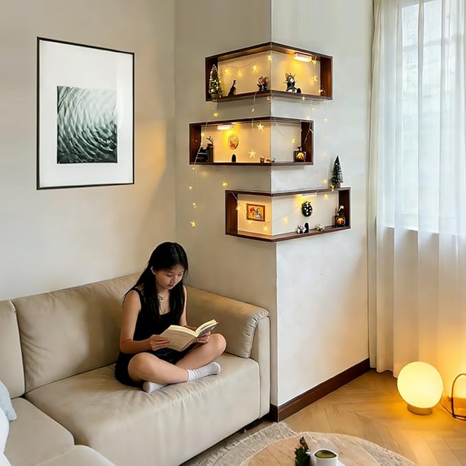 Corner Shelf Wall Mounted, Set of 3 Floating Shelves, 90° Coner Wooden Storage Rack for Ornaments Figurines Collectibles Disp