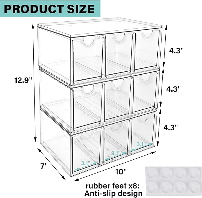 Prsildan Acrylic Makeup Organizer, 3 Pack Stackable Storage Drawers with 9 Drawers for Office Desk Vanity Craft Room Clear Dr