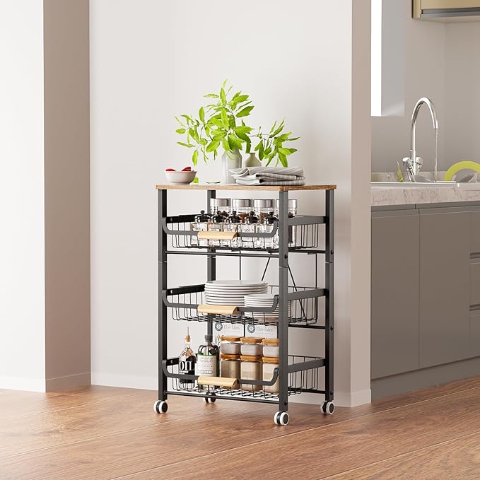 NiuYichee 4-Layer Fruit Basket Kitchen Food Organizer and Rack, Stackable Storage Cart with Desktop, Pull-Out Hollow Metal Ba