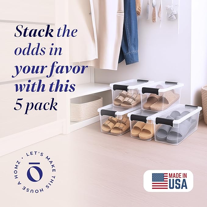 HOMZ 5-Pack Latching Lid, Clear Plastic Storage Organizer Bins, 7.5 Quart, Gray Latch - Stackable Organizing Containers for H