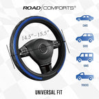 Road Comforts Leather Steering Wheel Cover – Black & Blue, Universal Fit 14.5-15 Inch, Microfiber Leather, Anti-Slip & Breath