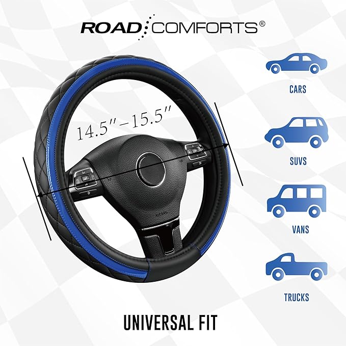 Road Comforts Leather Steering Wheel Cover – Black & Blue, Universal Fit 14.5-15 Inch, Microfiber Leather, Anti-Slip & Breath