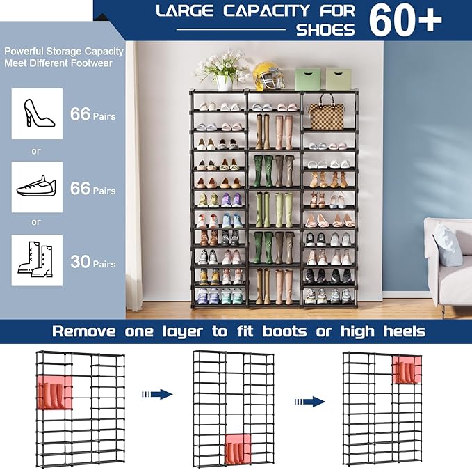 Mavivegue 3 Row 12 Tiers Shoe Rack, Large Storage Space, Metal Shoe Rack Organizer for Entryway, Closet, Bedroom, Garage,Blac