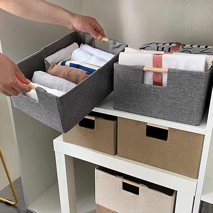 ANMINY 4PCS Storage Baskets for Organizing Collapsible Fabric Storage Bins Boxes with Wood Handles Closet Shelves Cube Organi