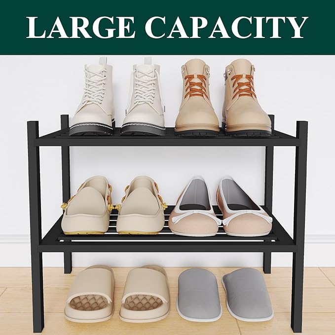Smiry Small Bamboo Shoe Rack 2-Tier, Stackable Wooden Shoe Organizer for Entryway & Closet, Free Standing Wood Shoe Storage S
