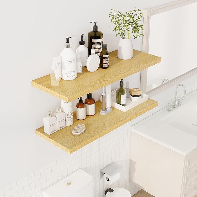Dreamland 36" Floating Shelves for Wall, 12" Deep Slim Oak Floating Shelves, Wall-Mounted Shelves for Bedroom, Living Room, K