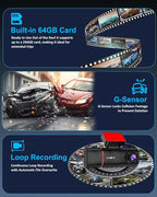 3 Channel Dash Cam Front and Rear Inside, 4K+720P+720P Dashcam, 5GHz WiFi GPS Dash Camera for Cars with 64GB Card, 24H Parkin