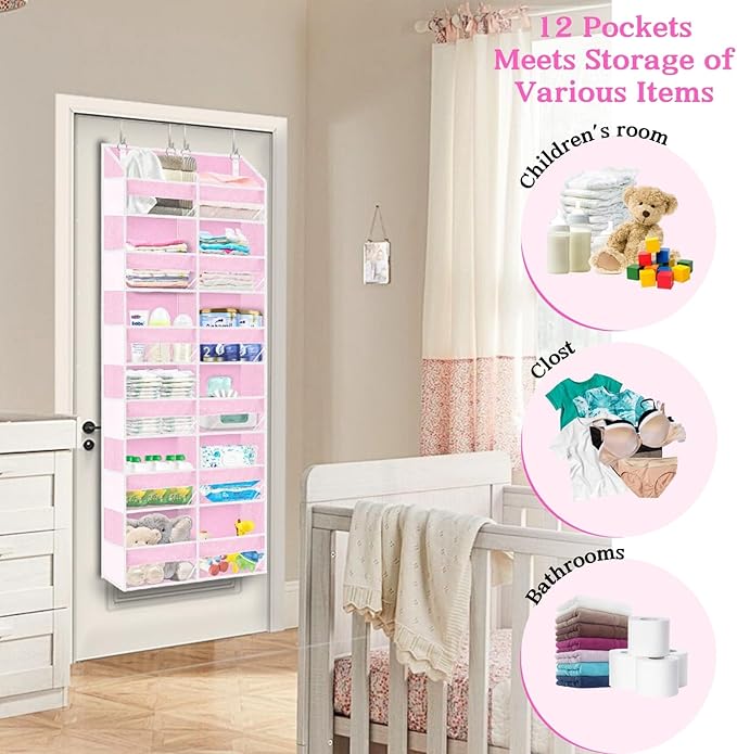 Over The Door Organizer 6 Tiers, Extra Large Behind Door Storage of 12 Compartments, 80 lbs Weight Capacity Hanging Storage O