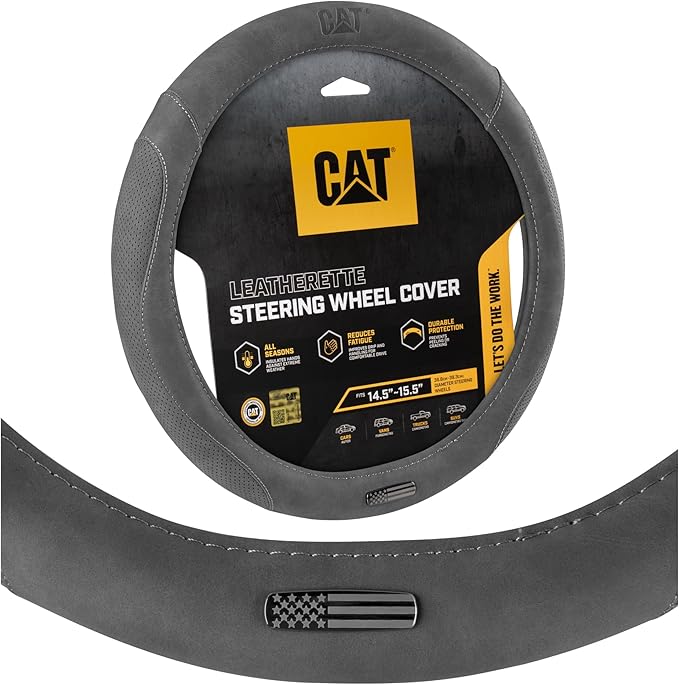 Cat® US Flag Leather Steering Wheel Cover w Metal Flag Emblem, Grey Leatherette, Standard 14.5–15.5 Inch, Non Slip Comfort, Car Steering Wheel Cover for Auto Truck SUV, Amiercan Flag Car Accessories