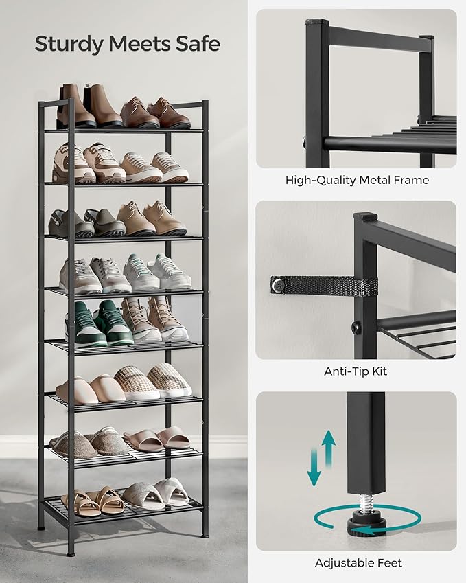 SONGMICS Narrow Shoe Rack, Sturdy 8 Tier Metal Tall Shoe Rack Shelf, Slim Shoe Storage Organizer for Closet Entryway Small Sp