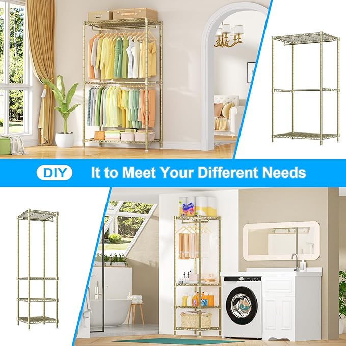 Ulif E10 Clothes Rack（With Stretchable Hanger Rod）Freestanding Clothing Racks for Hanging Clothes，Adjustable Closet Organizer