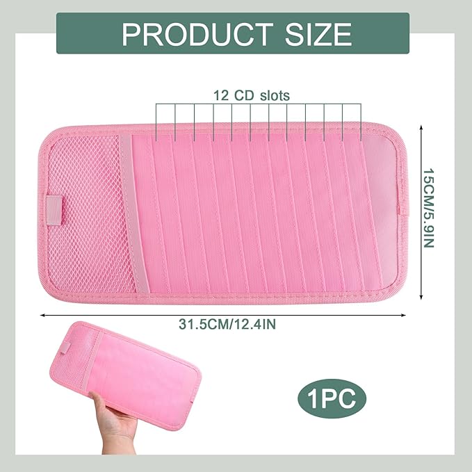 Sun Visor CD Holder, 12-Capacity Car Visor Organizer with DVD Sleeves and Mesh Pocket, Universal Visor Storage for Vehicle CD Case and Pen Holder Ergonomic Design (Pink 1 Pcs)