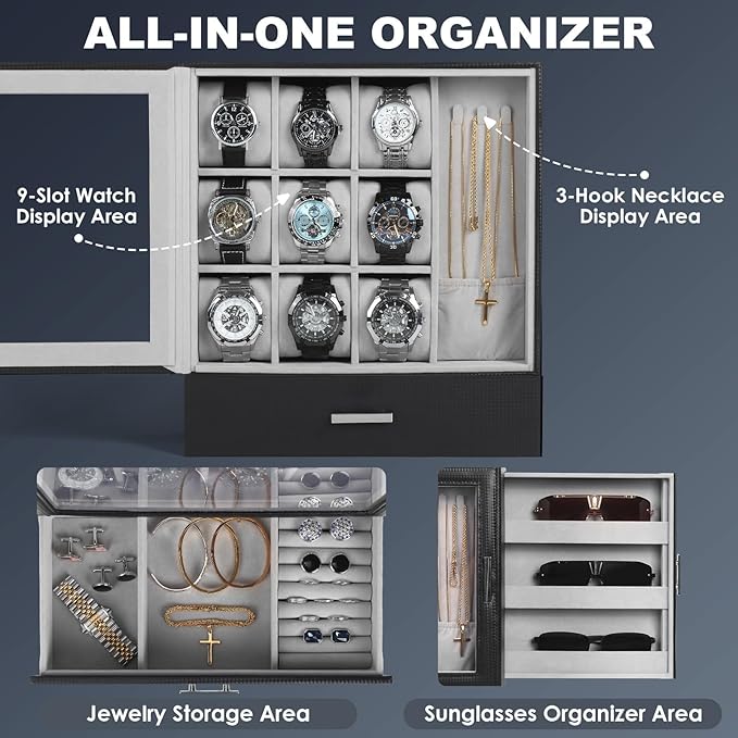 9-Slot Watch Display Case with Necklace Display, High End Men Jewelry Box w/ Drawer, Standing Watch Box for Men w/ Clear Lid,