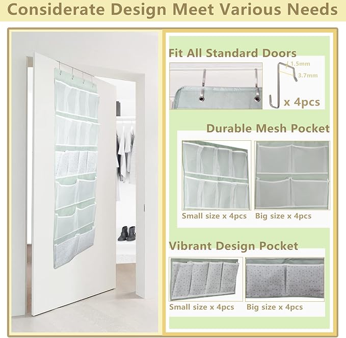 18 Pockets Over the Door Organizer with 4 Kind Pockets,Behind Door Shoes Rack,Back of Closet Storage Organization for Socks,H