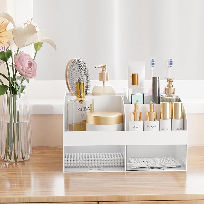 Makeup Organizer with Drawers, Cosmetic Storage for Dresser Vanity and Bathroom Countertop, Beauty Holder for Lipstick Brush,