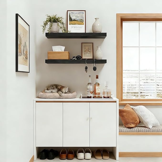 Solid Pine Wood Floating Wall Shelves Set of 2, Wall Mounted Space Saving Display Rack, 20LBS Capacity Farmhouse Style for Ho