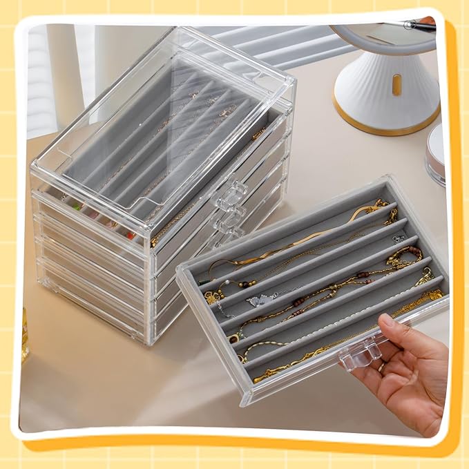 Necklace Organizer Box with 5 Drawers 30 Compartments, Dustproof Velvet Necklace Display Tray, Acrylic Necklaces Display Case