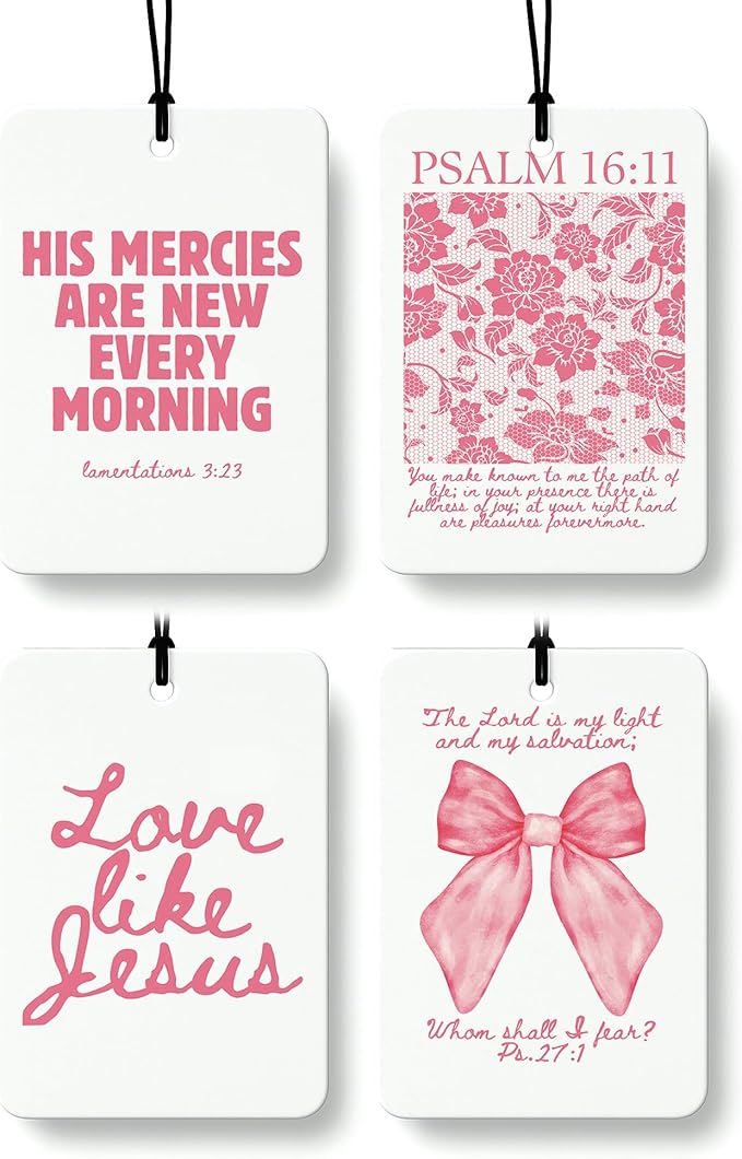 Pink Coquette Bow Floral Christian Car Air Freshener 4 Pcs, Preppy Girly Religious Hanging Air Freshener for Cars Closet Draw