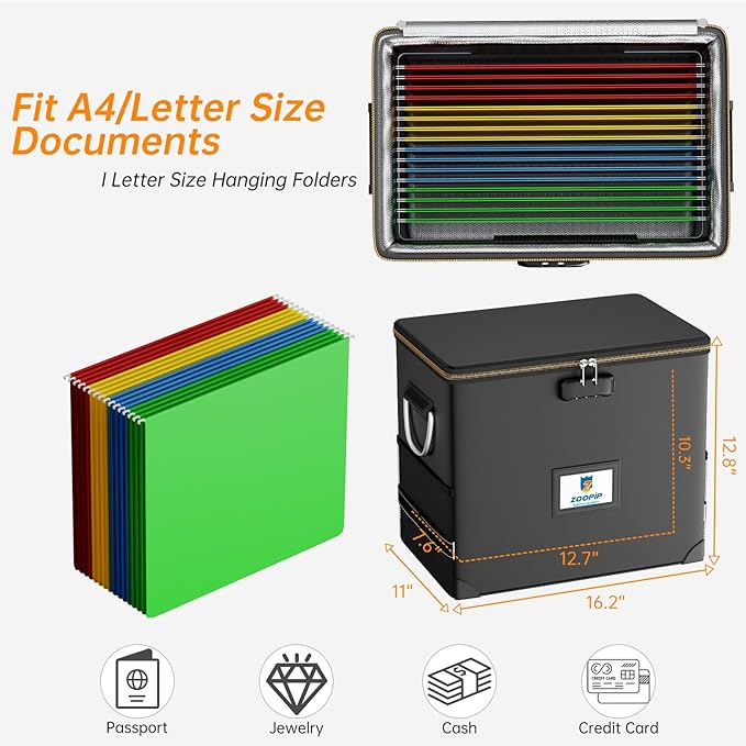 File Organizer with Lock,Fireproof Document Box,Hard Safe Box Includes 10 Hanging File Folders for Letter Size,Filing Cabinet