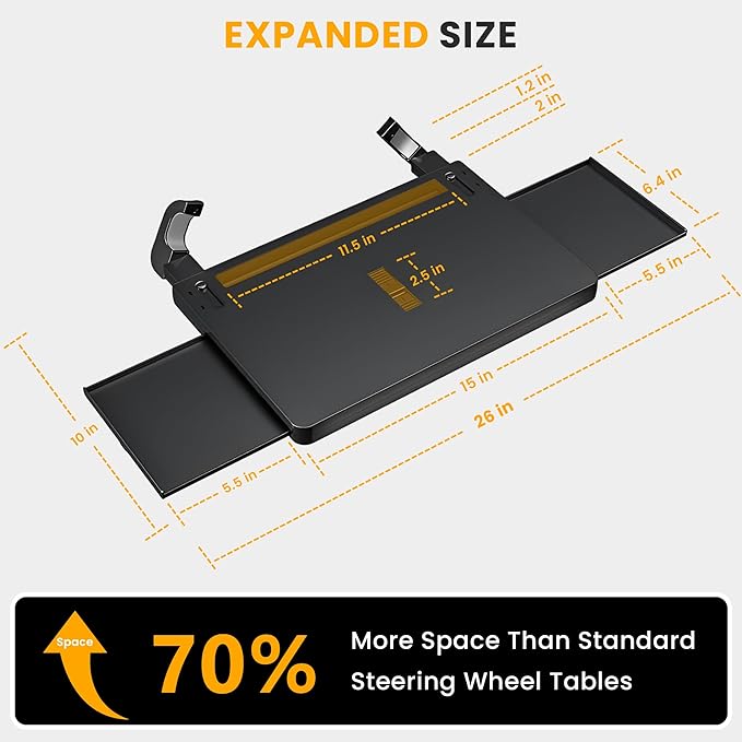 2-in-1 Extendable Steering Wheel Tray with Drawer Anti Slip Protective Adhesive - Adjustable Steering Wheel Desk for Laptop, Eating, Work and Writing - Fits Most Large SUVs,Trucks & Vans