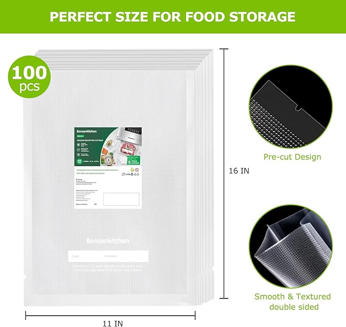 Bonsenkitchen Precut Vacuum Sealer Bags, 100 Gallon 11" x 16" Food Sealer Bags, Food Grade, BPA Free, Heavy Duty, Customized 