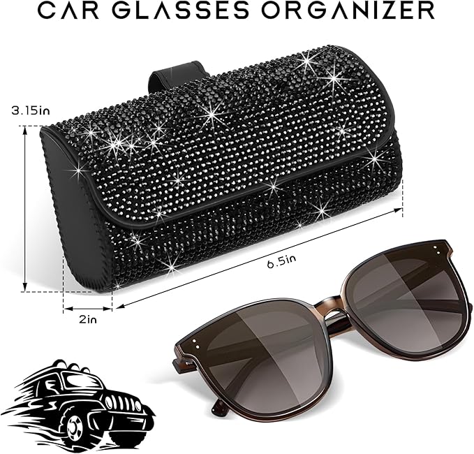 Sunglasses Holder for Car Sun Visor, Bling Leather Eyeglasses Visor Storage Case with Hidden Magnetic Closure, Sparkling Auto Visors Protective Organizer Storage Box (Black)